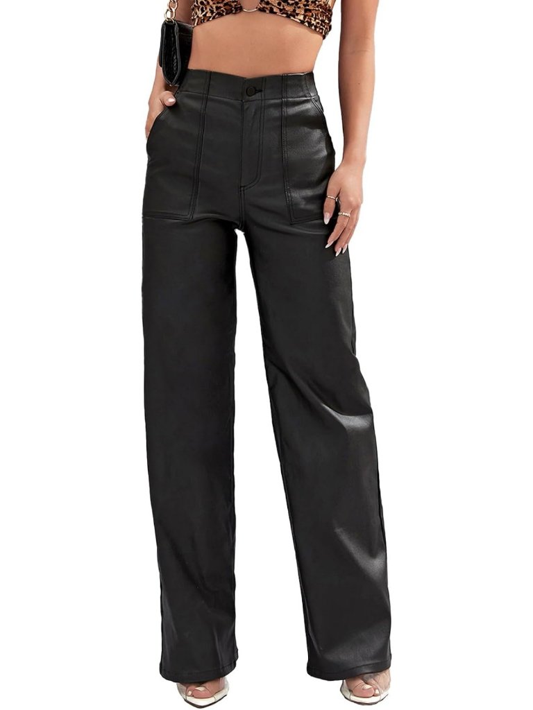 High Waist Faux Leather Pants, Coated Pu Wide Leg Leggings With Pockets, Black